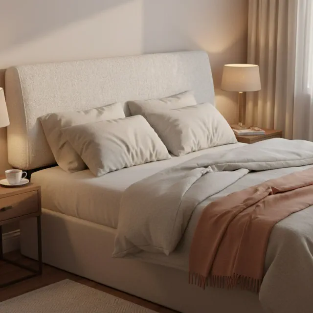Pinmoco Ergonomic Upholstered Headboard for Queen Size Bed, Up to 6.3" Thickness, No Damage on Walls, 5 Mins Set-Up, for 8-14 Inch Mattress, Off-White