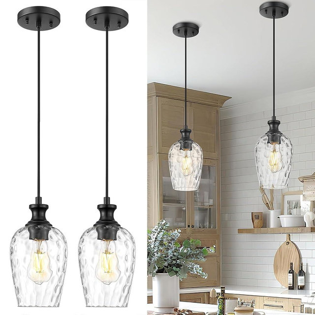 Audickic 2-Pack Pendant Lights Kitchen Island, Black Hanging Lights Fixtures with Hand-Blown Hammered Clear Glass, Farmhouse Kitchen Island Lighting Over Sink, AD-24027-1P2-BK
