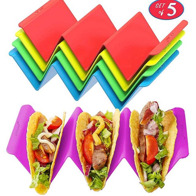 Colorful Taco Holder Stands Set of 5 - Premium Large Taco Tray Plates Holds Up to 3 or 2 Tacos Each, PP Health Material Very Hard and Sturdy, Dishwasher & Microwave Safe