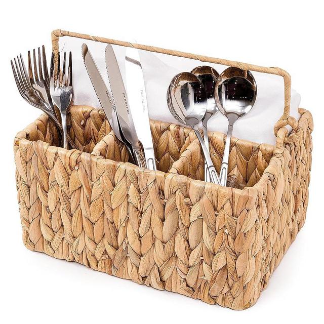 KOLWOVEN Wicker Utensil Caddy Carrier, Wicker Flatware Organizer, Hand Woven Water Hyacinth Cutlery Holder for Countertop with Handle