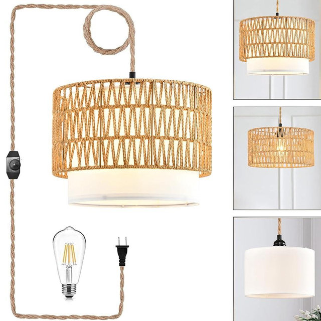 Boho Plug in Pendant Light Rattan Hanging Lights with Plug in Cord,Indoor Hanging Lamp with Dimmer Switch,Wicker Bamboo Woven LampShade Hanging Lamp Plug in for Bedroom Living Room Kitchen Island