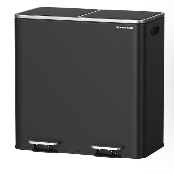 SONGMICS Trash Can, 2 x 10.6 Gallon (2 x 40 L) Garbage Can for Kitchen, with 15 Trash Bags, 2 Compartments, Plastic Inner Buckets and Hinged Lids, Airtight, Black ULTB730B80