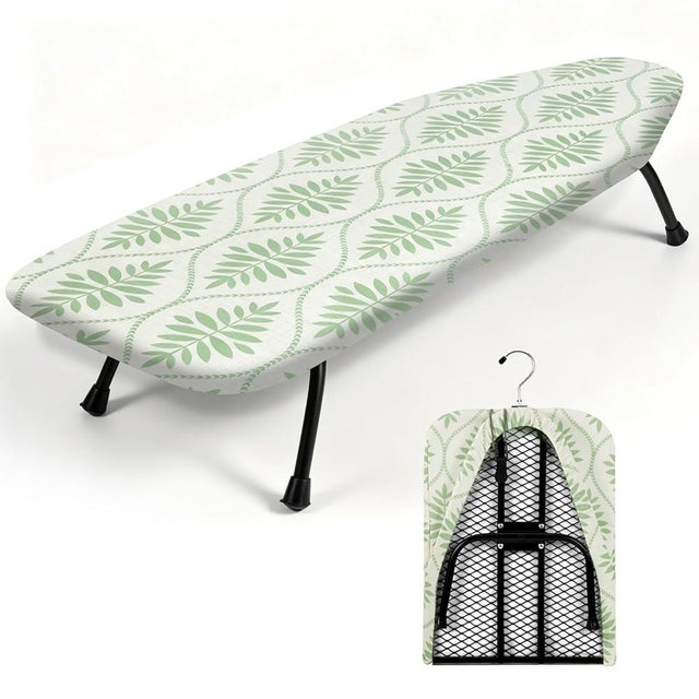 SheeChung Small Ironing Board 12"X32",Mini Ironing Board with Removable Cover,Portable Folding Non-Slip Feet Tabletop Board for Apartment Laundry Rooms,Compact Space-Saving,Bohemian Leaves