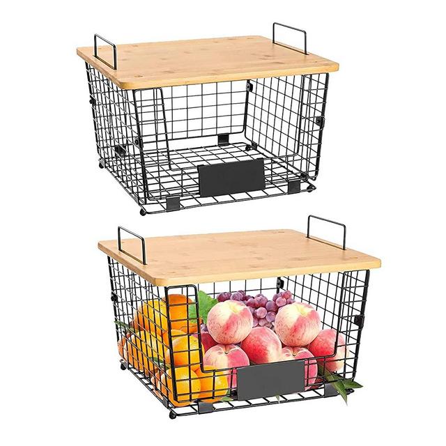 Foldable Countertop Storage Basket Metal Stacking Basket Nested Rectangular Basket With Bamboo Wood Lid Fruit Vegetable Produce Metal Storage Bin Use in Office, Kitchen, Pantry Cabinet 2 pack Black