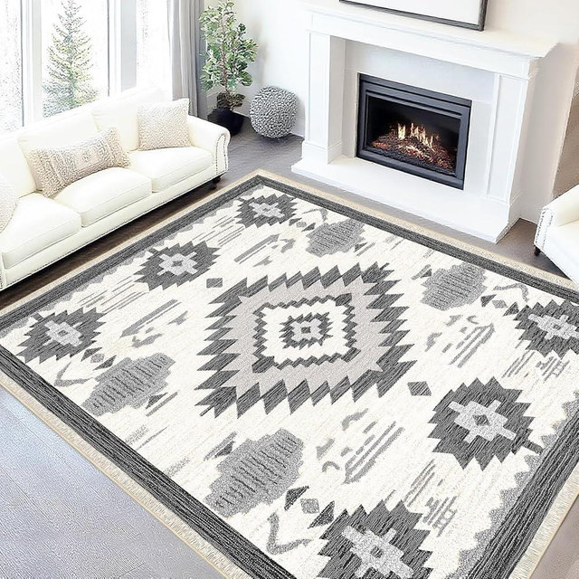 8x10 Area Rug for Living Room Western Rug Aztec Southwestern Rugs Machine Washable Tribal Navajo Southwest Rug Non Slip Printed Low-Pile Indoor Floor Carpet for Dining Room Bedroom Office, Cream
