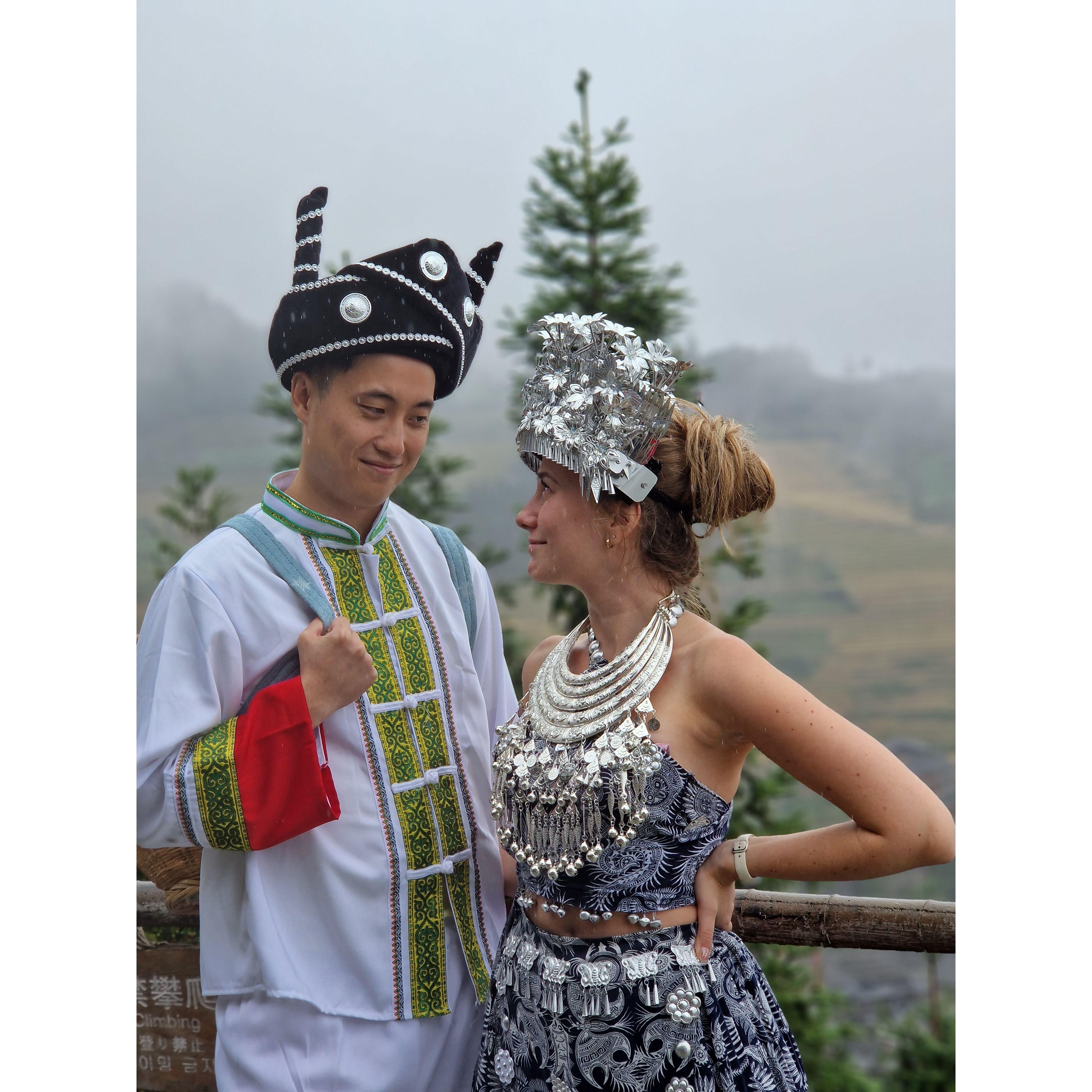 Dressing up in traditional Guilin (China) clothing in the Longsheng rice terraces, ancient village Ping'an.