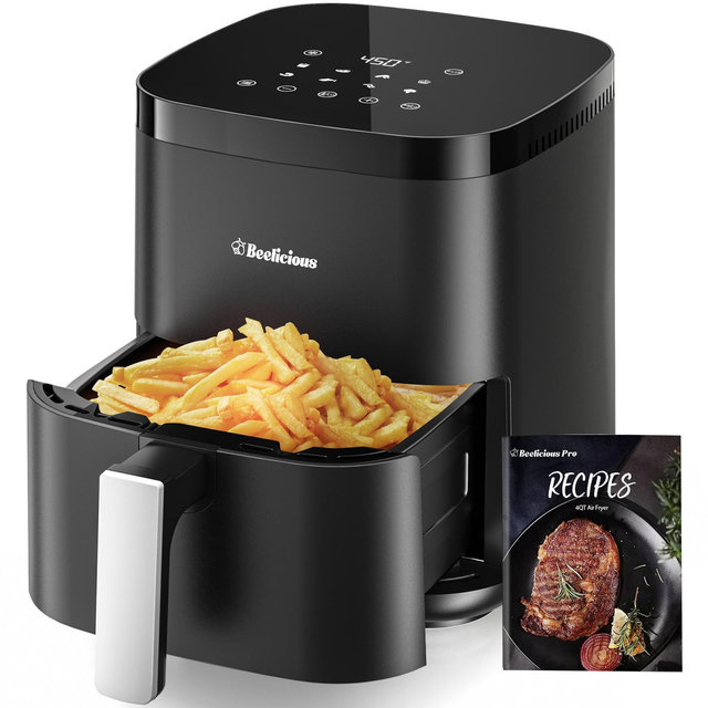 Beelicious 8-in-1 4QT Air Fryer, 450°F Digital Airfryer with Shake Reminder, Flavor-Lock Tech, Dishwasher-Safe, for 1-3 People,Black