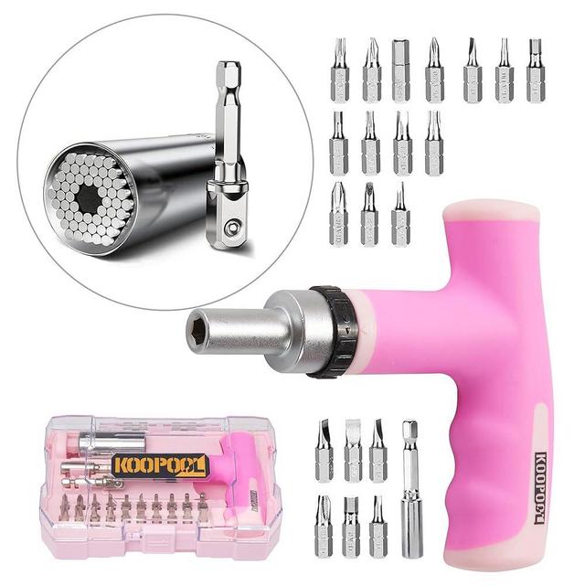Pink Universal Socket Tool Set, Ratcheting Screwdriver T-Handle kit with Power Drill Adapter, Valentines Day Gift for Him, Women, Dad