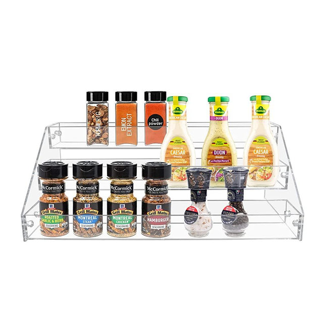 PMMASTO Tiered Spice Rack, Seasoning Organizer, Clear Acrylic Vertical Shelves Can Organizer for Countertop, Cabinet, Pantry, Kitchen Organization & Storage - 3 Tier