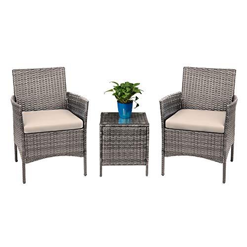 Devoko 3 Pieces Patio Furniture Sets PE Rattan Wicker Chairs with Table Outdoor Garden Porch Furniture Sets (Light Grey)