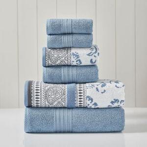 Modern Threads 6 Piece Set, 2 Bath Towels, 2 Hand Towels, 2 Washcloths Yarn Dyed Jacquard/Solid Towel Set Ophelia Blue