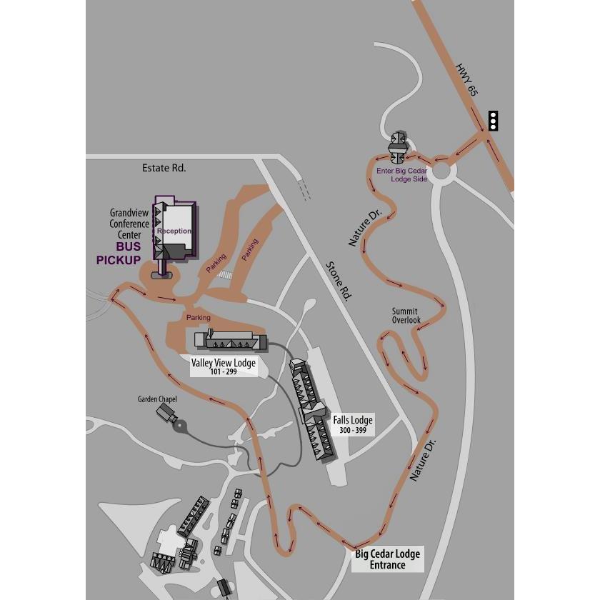 Here is a property map with marked locations. Please enter at the Big Cedar Lodge gate, and park near the Grandview Conference Center for shuttle pickup.