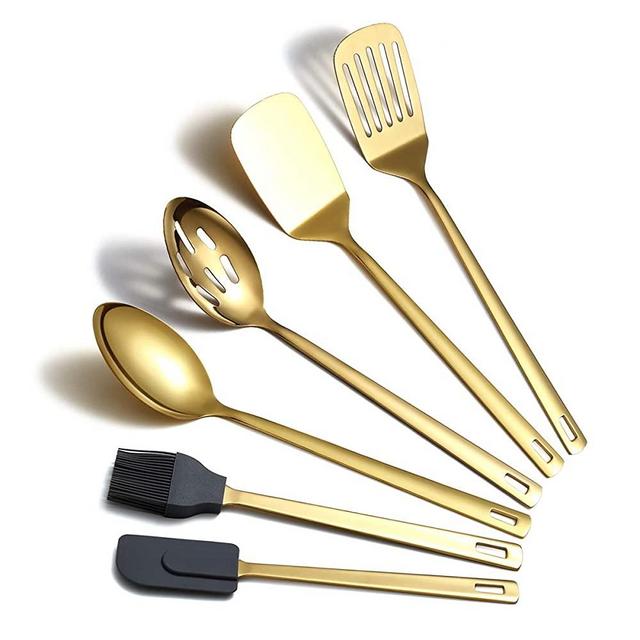 Gold Cooking Spoons, Berglander 6 Pieces Spatula Set Stainless Steel, Metal Spatula, Serving Spoon, Kitchen Tools Set Non-Stick And Heat Resistant, Dishwasher Safe, Easy to Clean (6 Packs)