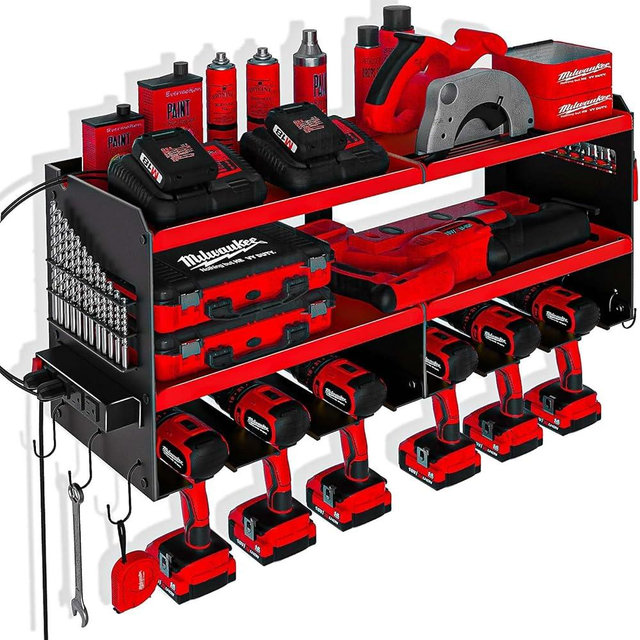 Spampur Power Tool Organizer with Charging Station, 6 Drill Holders Wall Mount, Heavy Duty Metal Premium Garage Tool Shelf, Gift for Man Cordless Tool Storage Rack with 4 Outlet Power Strip - Red
