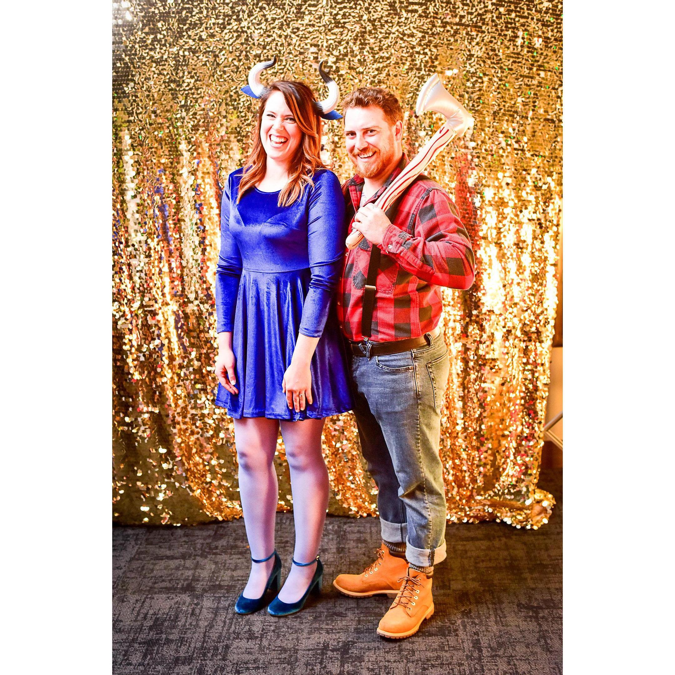 Paul Bunyan and Babe the Blue Ox at a costume party.