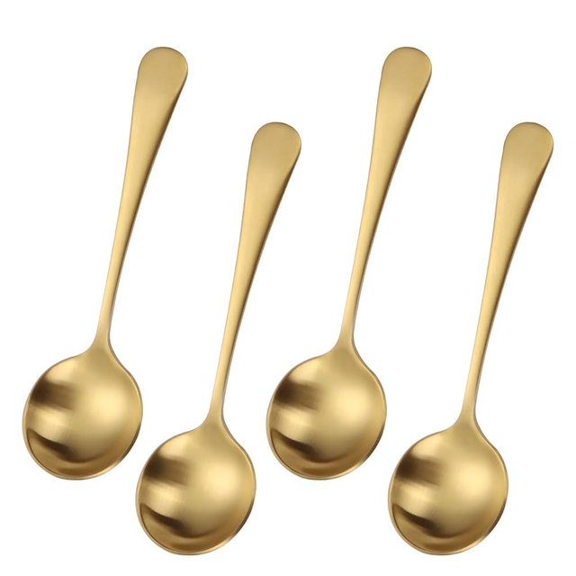 Mafier 7" Round Soup Spoons Set of 4,18/10 Stainless Steel Heavy Duty with Deep Bowl,Matte Stain Finish,Dishwasher Safe(Gold)