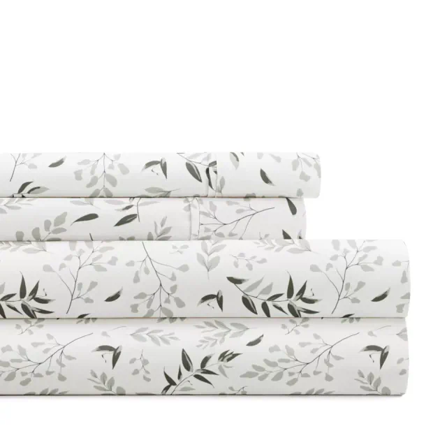 Delicate Blossoms Floral Patterned Ultra-Soft 4 Piece Bed Sheet Set - Becky Cameron, Tossed Foliage Eucalyptus, King