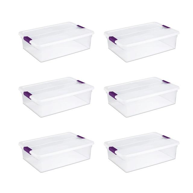 Sterilite 32 Qt ClearView Latch Storage Box, Stackable Bin with Latching Lid, Plastic Container to Organize Clothes Underbed, Clear Base, Lid, 6-Pack
