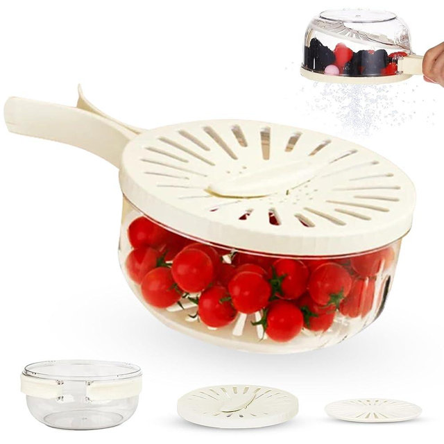 Multifunctional Fruit Washing Bowl with Strainer,Strainer Container with Lid,2 in 1 Drain Basket with Foldable Handle,Berry Fruit Fridge Container for Refrigerator,Kitchen Sink for Washing,Storage