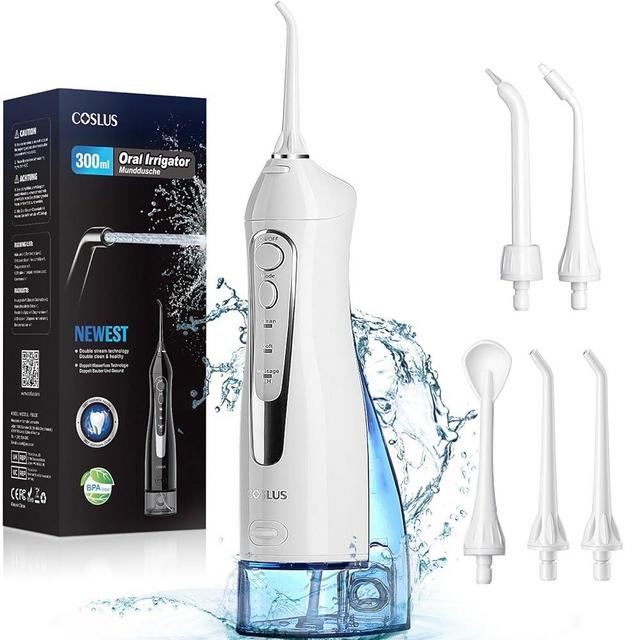 COSLUS Water Dental Flosser Teeth Pick: Portable Cordless Oral Irrigator 300ML Rechargeable Travel Irrigation Cleaner IPX7 Waterproof Electric Waterflosser Flossing Machine for Teeth Cleaning F5020E