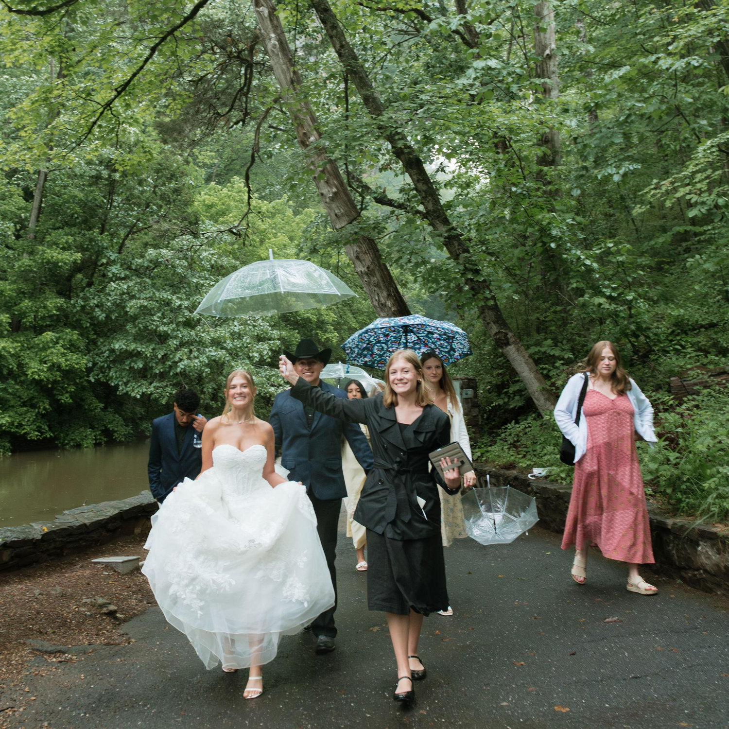 Hurry! Let's get out of this rain!