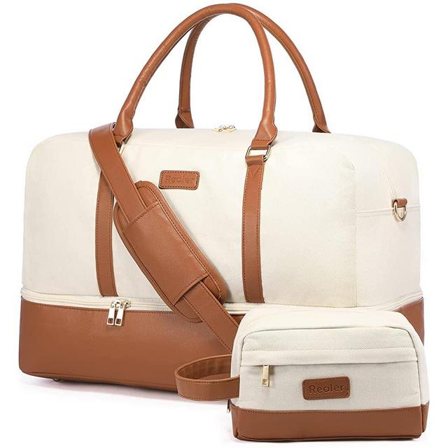 Realer Canvas Weekender Bag, Womens Overnight Bag Carryon Weekend Travel Duffel Tote with Shoe Compartment with Toiletry Bag Flight Approved