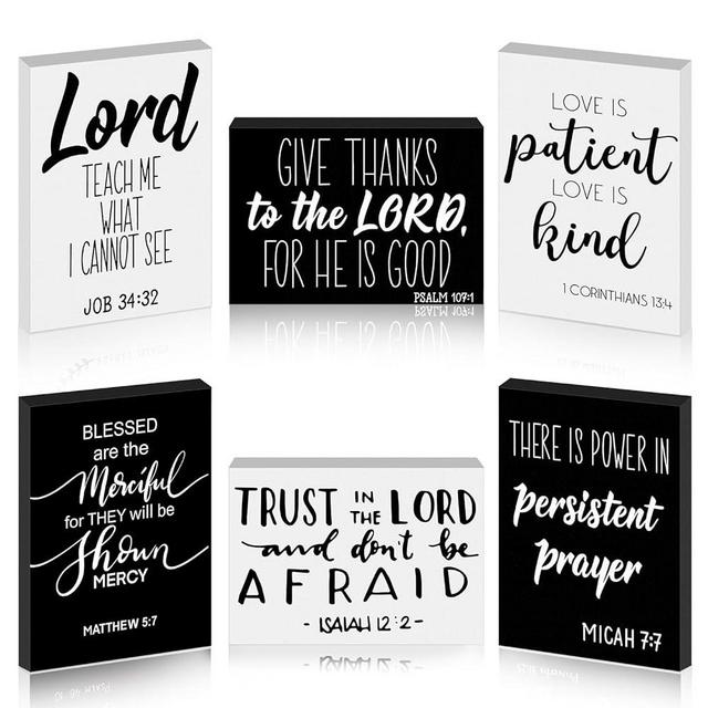Yalikop 6 Pcs Mini Christian Wooden Signs Bible Verse Decor Inspirational Scripture Wood Block Be Still and Know Religious Plaque Church Party Favor Wall Art Home, 3.5x2.5x0.47 in(Meaningful Style)