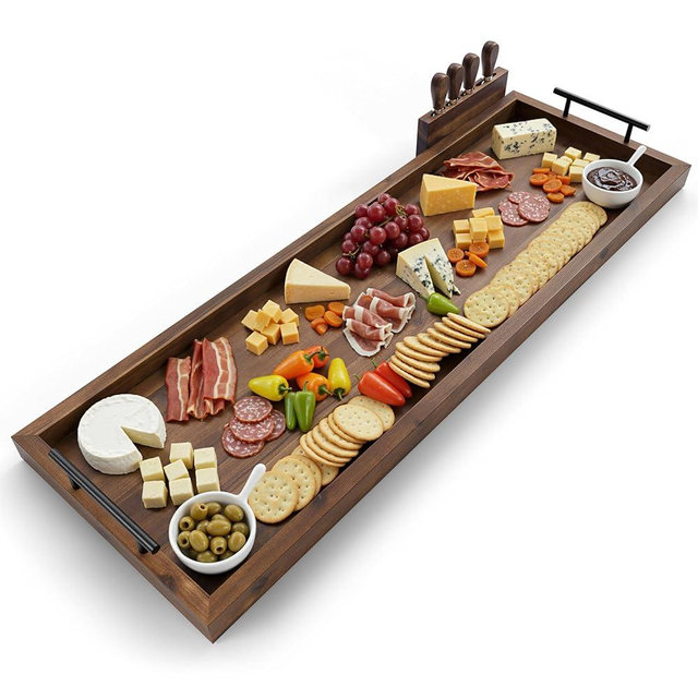 TIDITA Acacia Large Charcuterie Boards for Party with Cheese Knife Set of 4 – Acacia Wood Serving Tray with Handles, Long Charcuterie Board, Wooden Cheese Board (Walnut Color, 36 Inch)