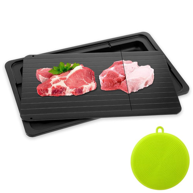 Defrosting Tray for Frozen Meat - Large Meat Defrosting Tray with Drip Pan & Silicone Scrubber, Thawing Plate for Fast & Safe Thawing (13.86"x7.91"x0.12")