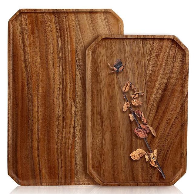 2 Pcs Decorative Wooden Serving Trays Acacia Wood Platter Salad Plates Handmade Rectangular Food Tray Fruit Platter Vegetable Tray
