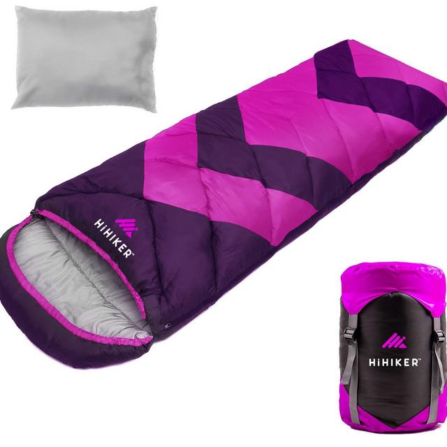 HiHiker Camping Sleeping Bag + Travel Pillow w/Compact Compression Sack – 4 Season Sleeping Bag for Adults Kids – Lightweight Warm and Washable, for Hiking Traveling.