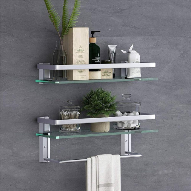 VOLPONE Glass Bathroom Shelf 15.7in Bathroom Shelf Wall Mounted Floating Glass Shelves with Towel Holder Glass Shower Shelf 2 Tier (Sliver)
