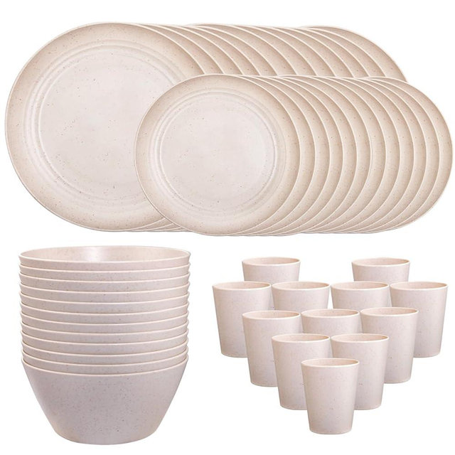 LIYH 48pcs Wheat Straw Dinnerware Set, Plastic Plates and Bowls Set, Kids Dinnerware Set,Unbreakable Plates,Outdoor Camping Dishes,Plates,Bowl,Camper Dish Sets