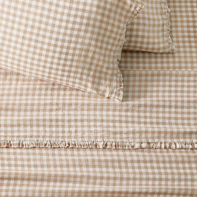 HTH Mini Gingham Euro Linen Ruffle Sheet Set, Queen, Almond