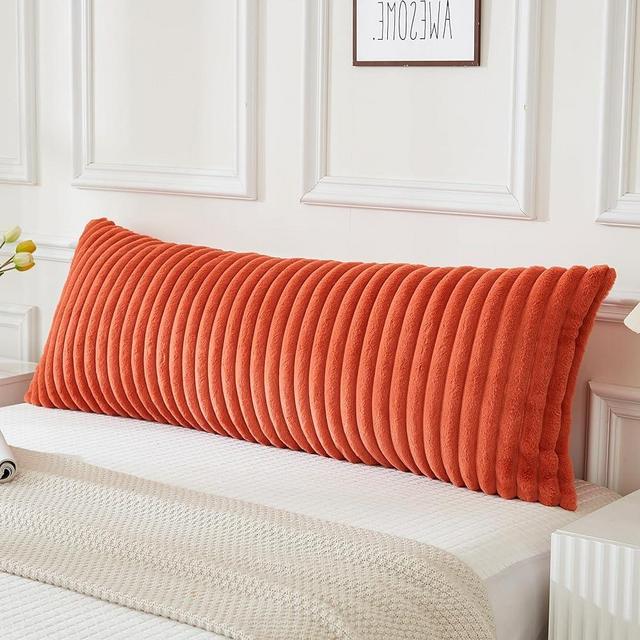 JAUXIO Faux Fur Fluffy Body Pillow Cover Luxury Textured Vertical Stripe Plush Decorative Body Pillowcase, Ultra Soft and Cozy Zipper Closure 21 x 54 Inches, Coral Orange