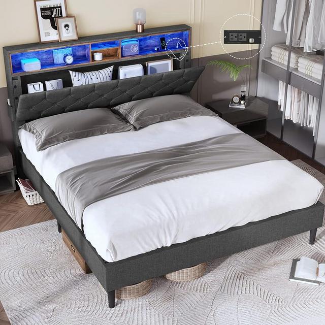 Tiptiper LED Bed Frame Queen Size with Charging Station, Queen Bed Frame with Headboard Storage, Button Tufted Upholstered Bed, Dark Grey