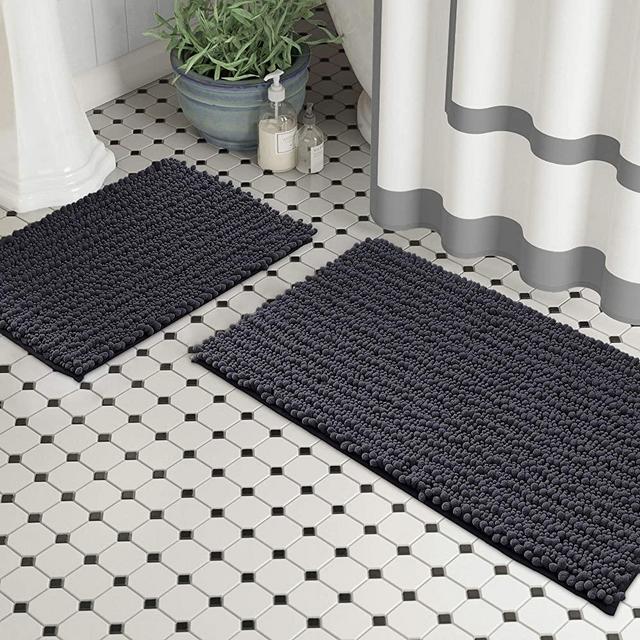 Zebrux Non Slip Thick Shaggy Chenille Bathroom Rugs, Bath Mats for Bathroom Extra Soft and Absorbent - Striped Bath Rugs Set for Indoor/Kitchen (20 x 30 + 15 x 23'', Charcoal)