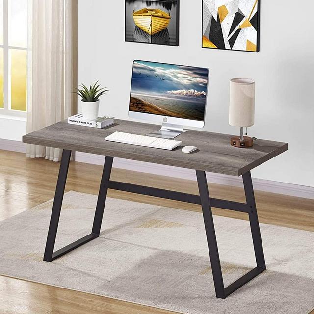 BON AUGURE Rustic Wood Computer Desk, Industrial PC Writing Desk, Vintage Study Table for Home Office Workstation (55 inch, Grey Oak)