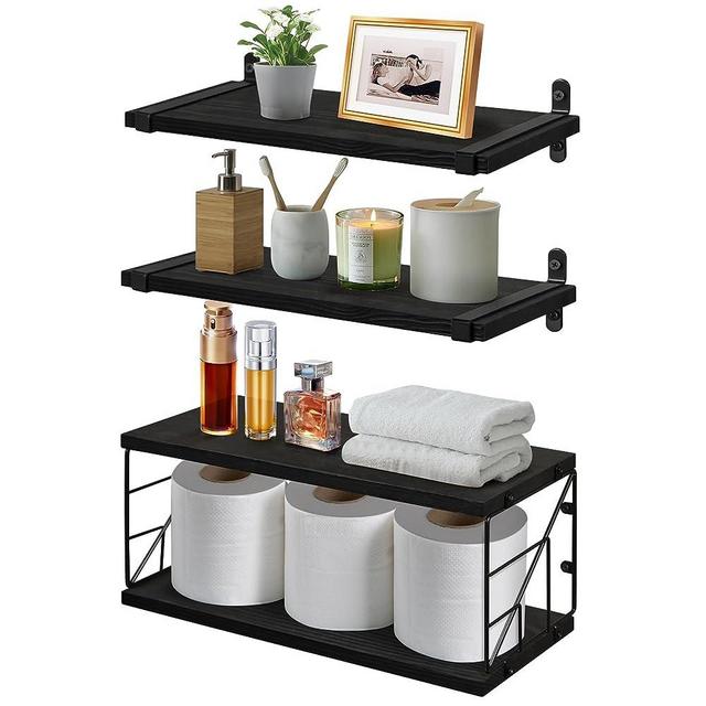 TJ.MOREE Bathroom Shelves Over Toilet Floating Shelves for Wall Rustic with Toilet Paper Wire Basket, Farmhouse Floating Shelf for Bedroom, Living Room, Kitchen, Wall Decoration (Black)