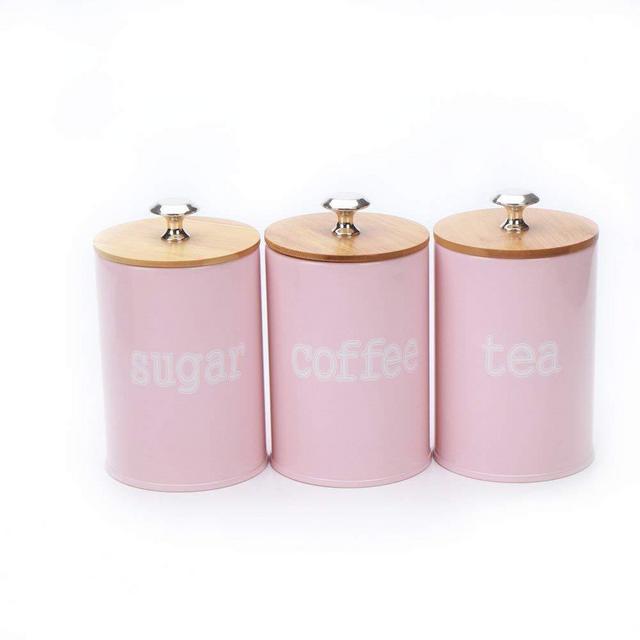 Hot Sale X022 Set of 3 Metal Kitchen Food Storage Tin Canister/Jar/Container with Bamboo Lid (Matte Pink)