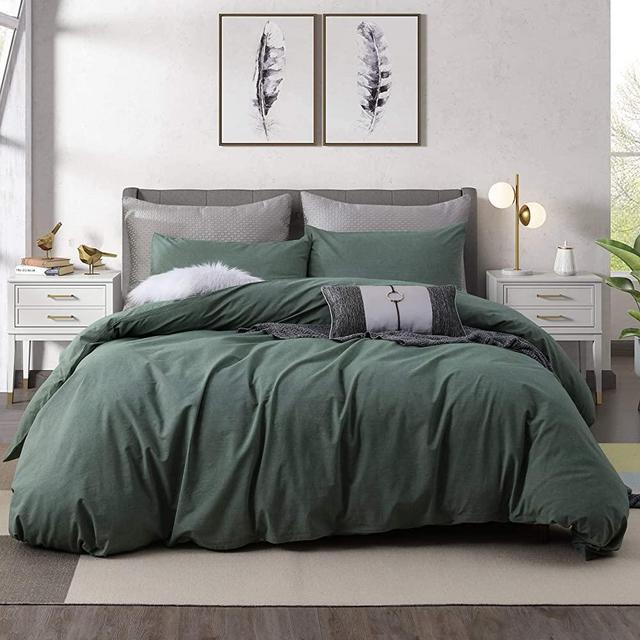 Ventidora Duvet Cover Set 100% Washed Cotton Green 3 Piece Bedding Set Full Queen Size ,1200 Thread Count Luxury Soft and Comfortable,with Corner Ties(1 Duvet Cover+2 Pillowcases) 90x90Inches