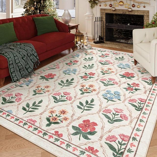 LIVEBOX Beige Living Room Rug 8x10, Soft Ultra-Thin Retro Rugs for Livingroom, Thin Non-Slip Cream Rug for Bedroom, Low-Pile Floral Boho Rug for Dining Room(8 x 10ft, Beige/Multi)