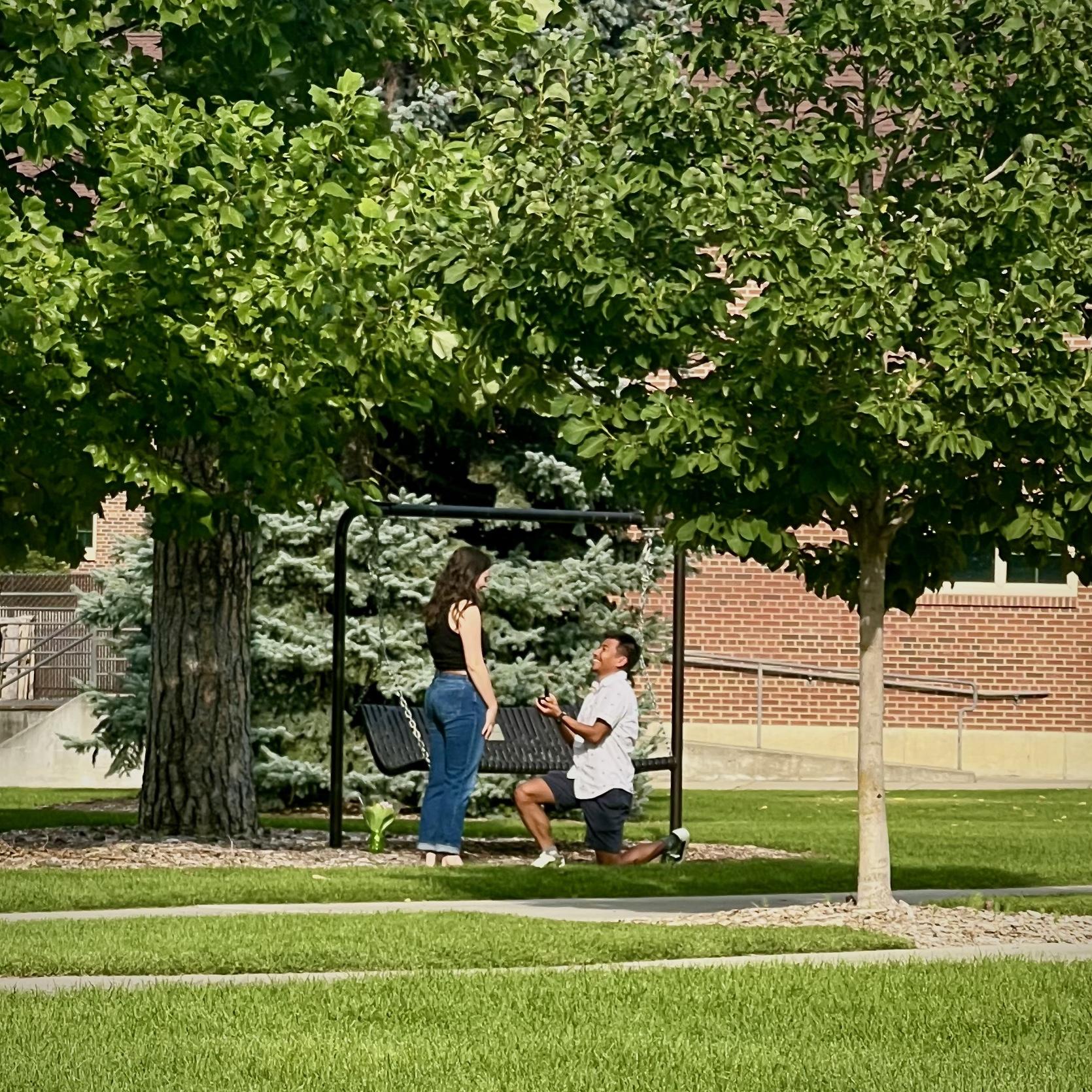 The perfect proposal! Following a drive down memory lane facilitated by their friend Cynthia,  Anthony met Emily at their favorite spot on Whitworth's campus and popped the question...she said yes!