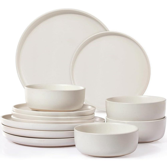 Ceramic Plates and Bowls Sets, White Dinnerware Set for Kitchen, Modern Design Dinner Plates, Stoneware Dishware Sets, Microwave and Dishwasher Safe