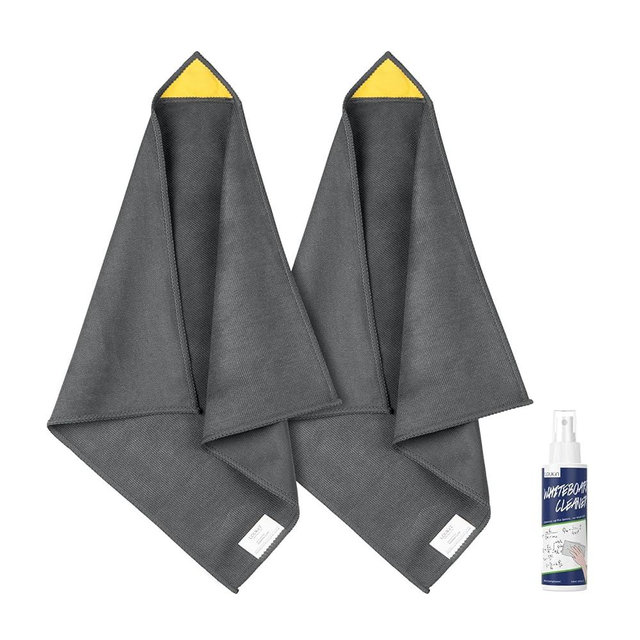 loukin 2 Pack Magnetic Whiteboard Cleaning Cloth, Dry Erase Cleaning Cloth for Classroom, Home and Office Use, Reusable & Washable, Gray, 12" x 12", 1 Bottle of 3.4 fl oz Whiteboard Cleaner Included