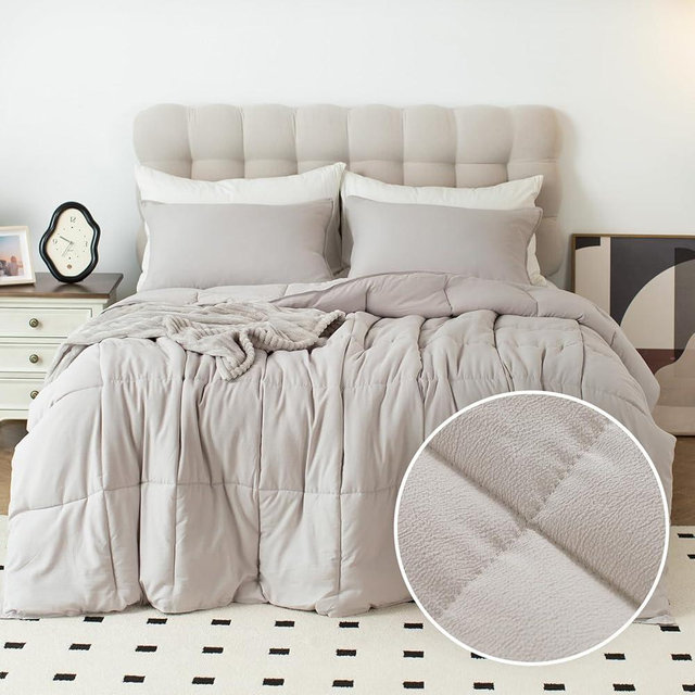 KASENTEX King Comforter Set - Boho Seersucker Design, Down Alternative Fill,Duvet Insert Box Stitch Quilting, Fluffy and Soft, All Season, Machine Washable, 3 Pieces with 2 Pillow Shams, Silver Grey
