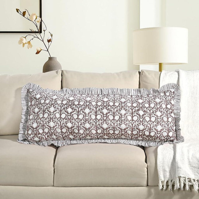 CPC Mocha Regal Hand Block Print 100% Cotton Ruffle Throw Pillow Cover 14x36 inch with Hidden Zipper Decorative for Couch, Bed, Sofa, Farmhouse, Cottagecore Decor Gift Christmas Fall Thanksgiving