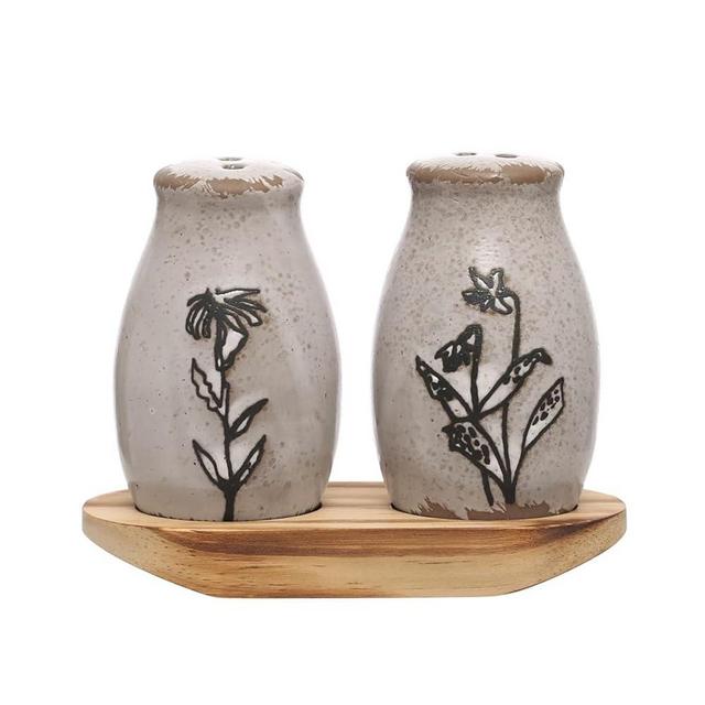 Vintage Floral Stoneware Salt and Pepper Shakers with Pine Tray, 3-piece Set, Black/Natural, Each One Varies