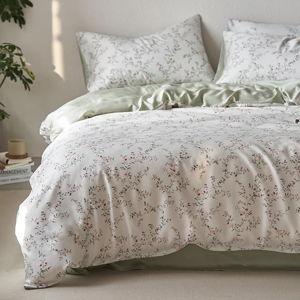 Lyocell White Duvet Cover Queen Zipper Small Red Flowers Duvet Cover Botanical Floral Leaves Pattern Printed Green Bedding Set 1 Duvet Cover and 2 Pillowcases, Ultra Soft, Breathable-King Size