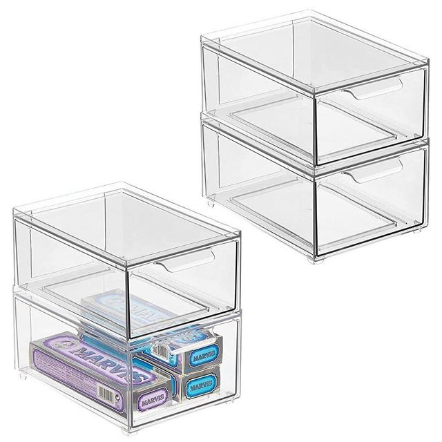 mDesign Plastic Stackable Bathroom Storage with Pull Out Bin Organizer Drawer for Cabinet, Vanity, Shelf, Cupboard, Cabinet, or Closet Organization - Lumiere Collection - 4 Pack - Clear